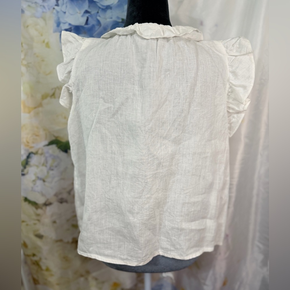 Olivaceous Cream Ruffle linen Blouse cap ruffle sleeve v neck coastal - Picture 4 of 9